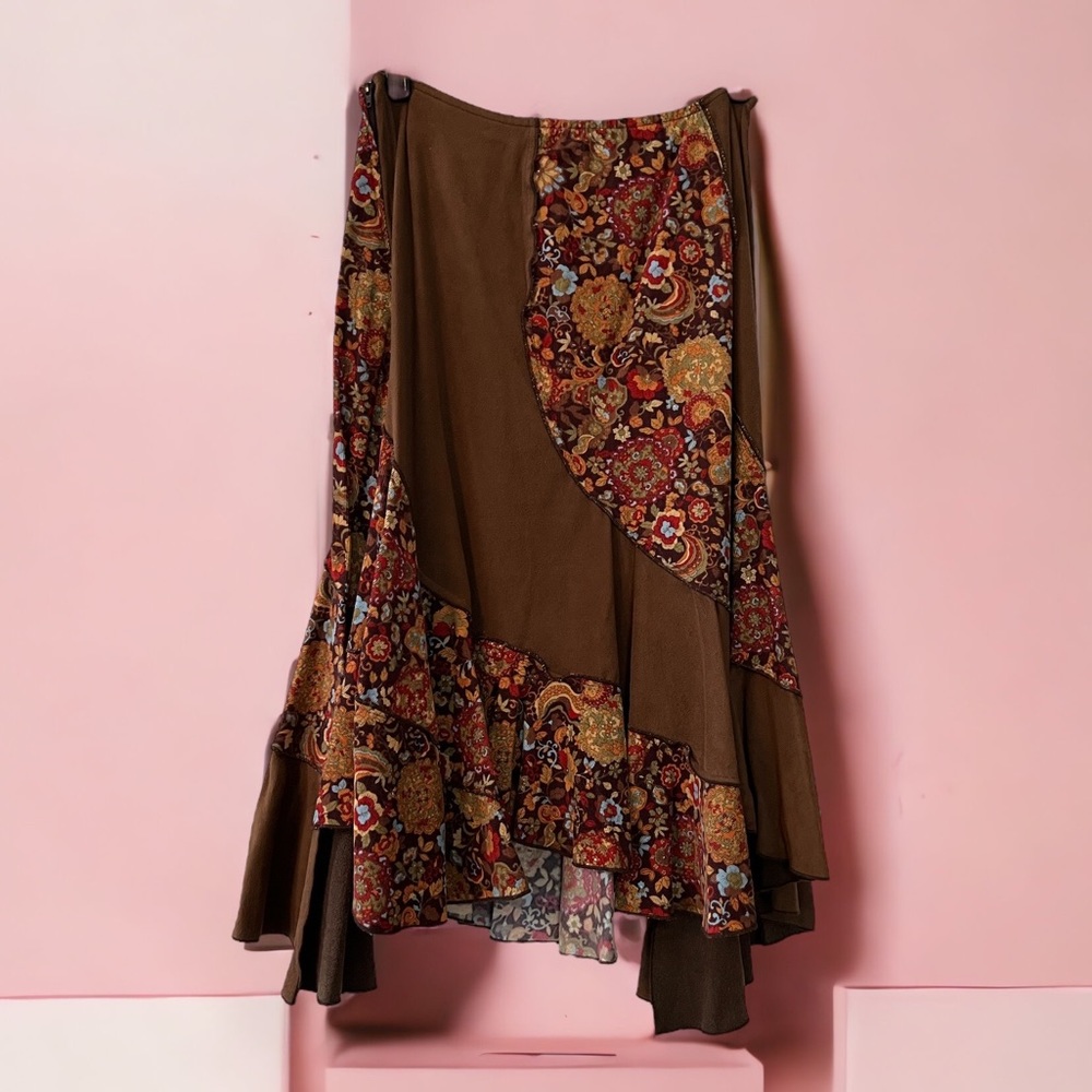 Size small patchwork boho skirt with faux suede and corduroy fabric.